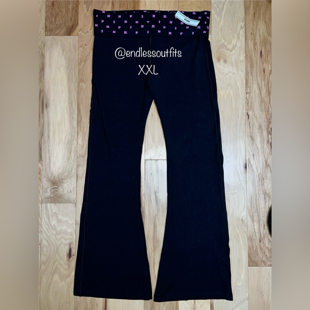 VS PINK BLACK FOLD OVER FLARE LEGGINGS WITH PINK GOSSIP LOGO WAISTBAND SIZE XXL